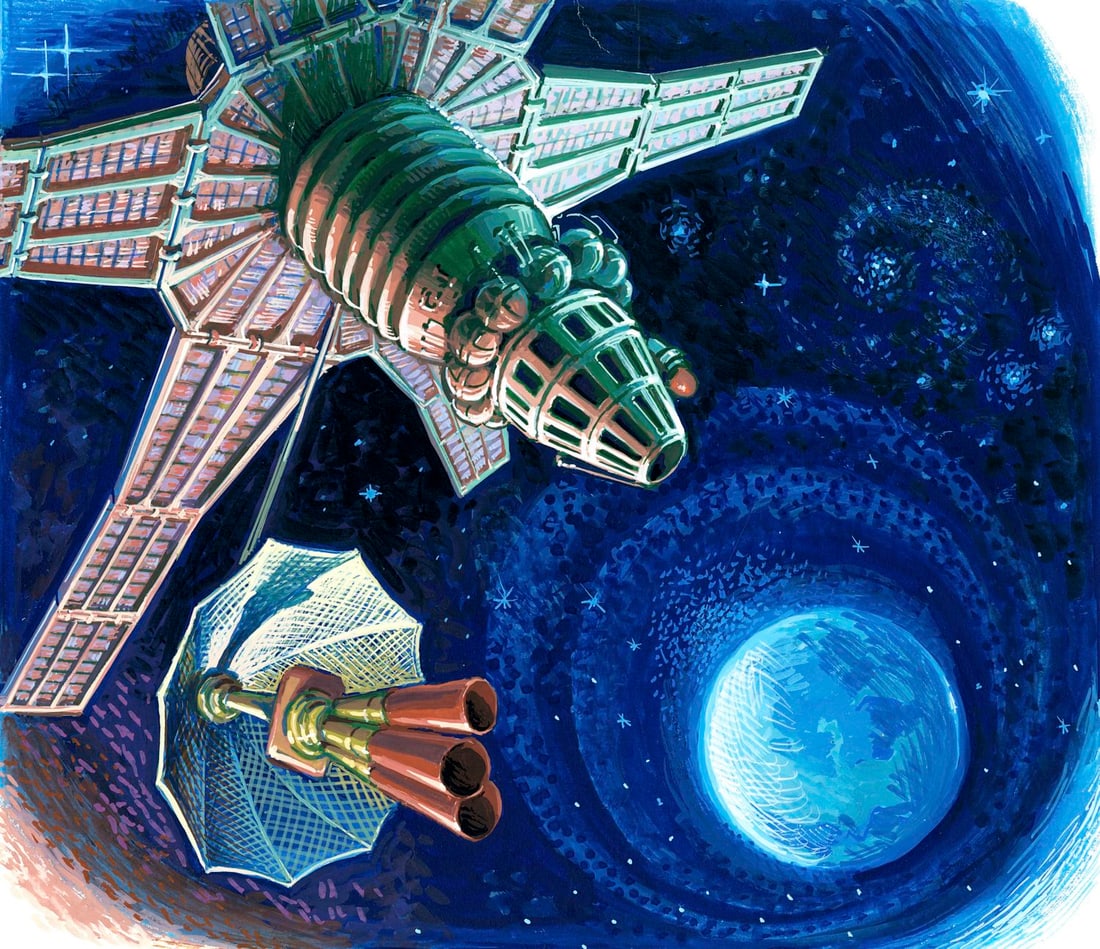 Gherman Komlev (Russia,1933-2000) gouache painting: ARTIST: Gherman Komlev (Russian, 1933 - 2000) TITLE: Molnia Satellites (titled on verso) YEAR: 1980 MEDIUM: gouache on heavy paper CONDITION: One minor