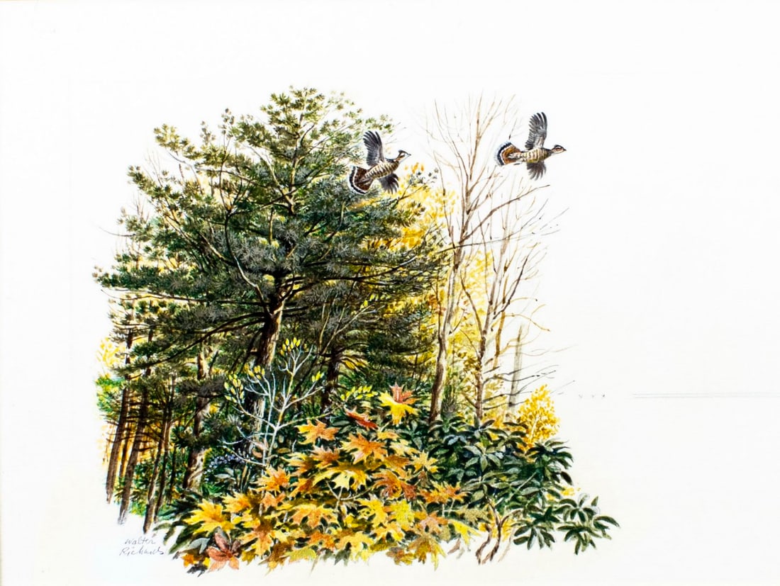 Walter DuBois Richards (CT,OH,1907-2006) watercolor painting: ARTIST: Walter DuBois Richards (Connecticut, Ohio, 1907 - 2006) TITLE: Autumn Landscape with Flying Birds MEDIUM: watercolor on board CONDITION: Some age toning. Some smal