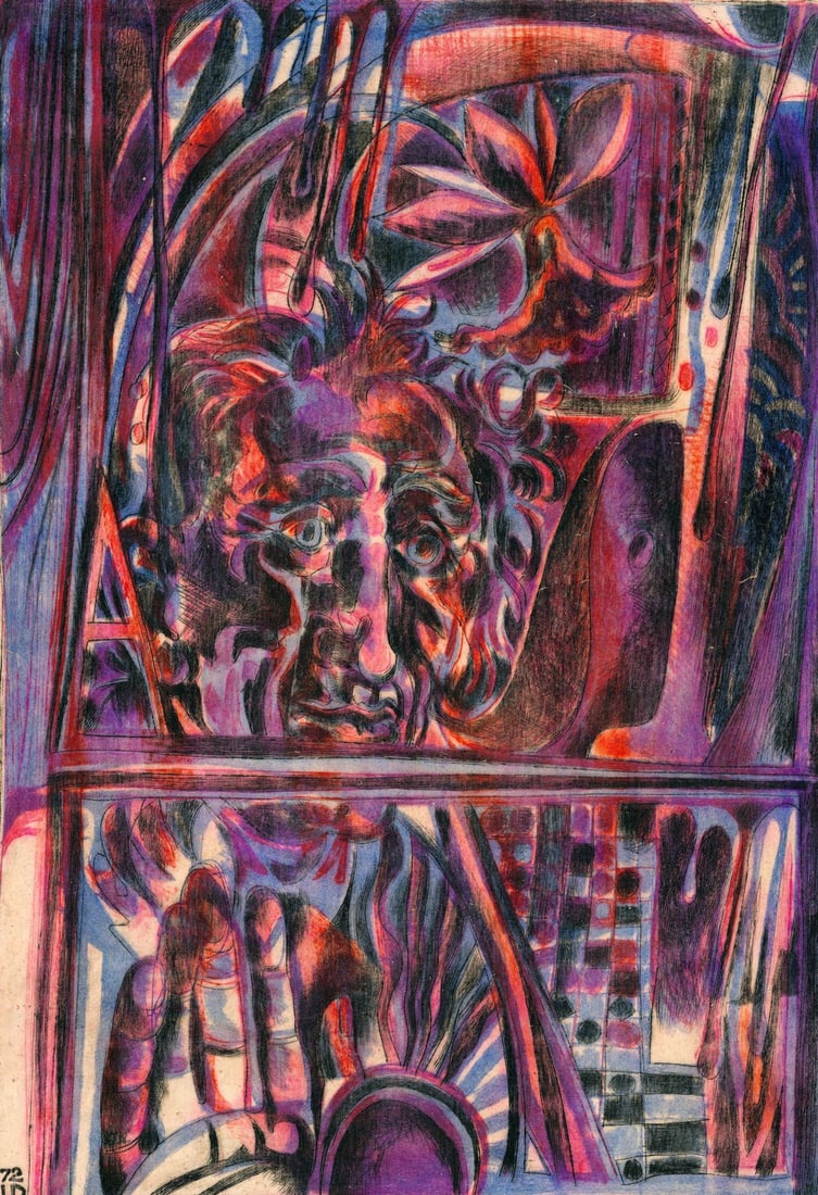 Hal Poth (MO,1924-2017) mixed media painting: ARTIST: Harold Ernst Poth (Missouri, 1924 - 2017) TITLE: Portrait of Man YEAR: 1972 MEDIUM: mixed media on heavy paper CONDITION: Some small damages to