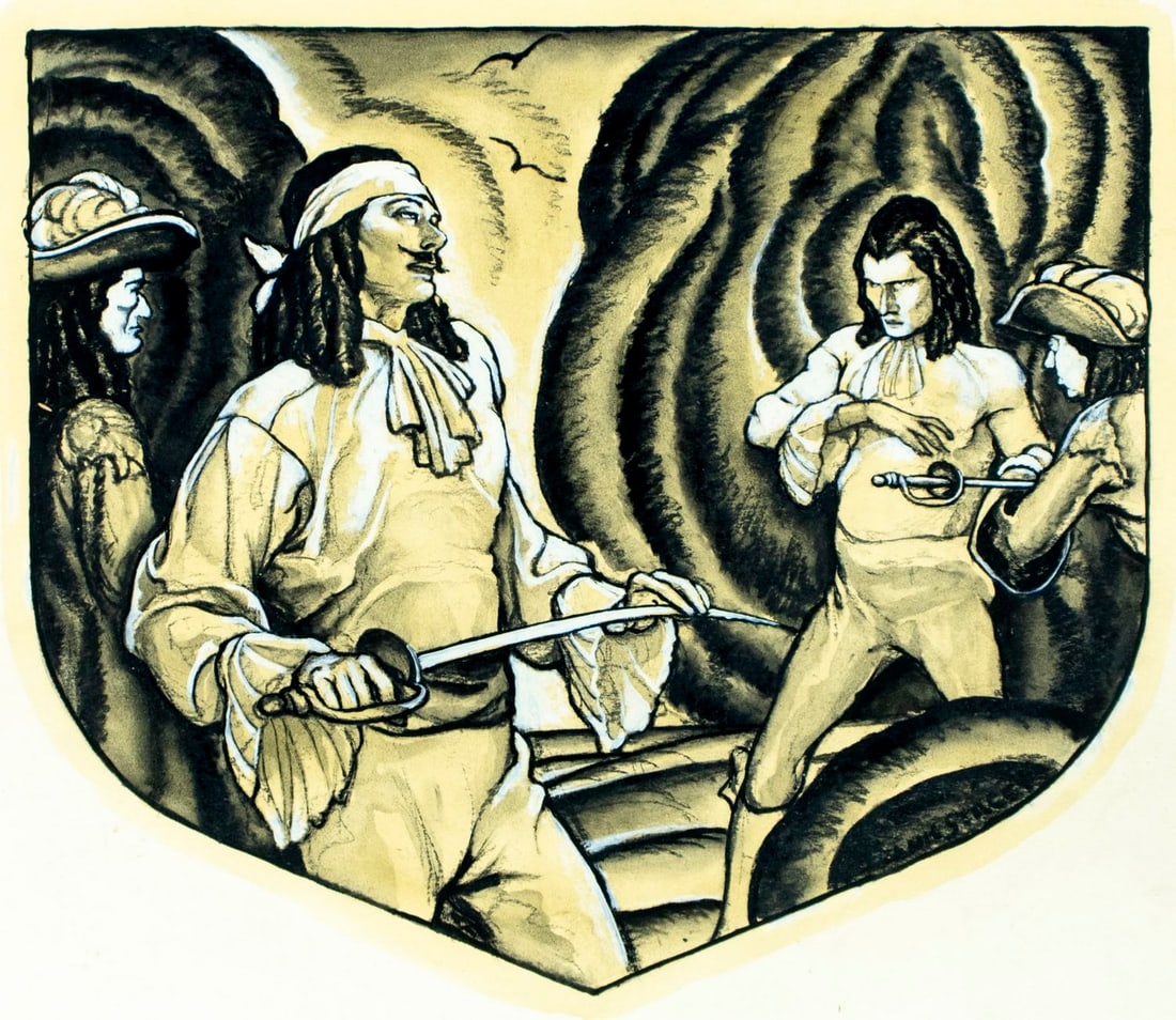 Frank Street (NY,KS,MO,1893-1944) ink wash painting antique: ARTIST: Frank Street (New York, Kansas, Missouri, 1893 - 1944) TITLE: Illustration - The Stalking Horse MEDIUM: ink wash on board CONDITION: Some damages and nail holes al