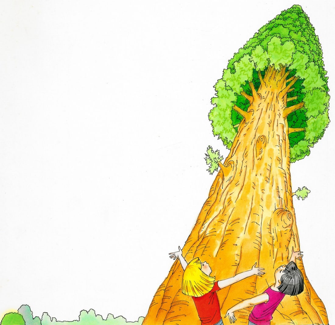 Alex Bloch (US,20C) watercolor painting: ARTIST: Alex Bloch (American, 20 century) TITLE: Illustration - Children by the Hige Tree MEDIUM: watercolor on paper CONDITION: Minor foxing (just few spots). Minor age ton