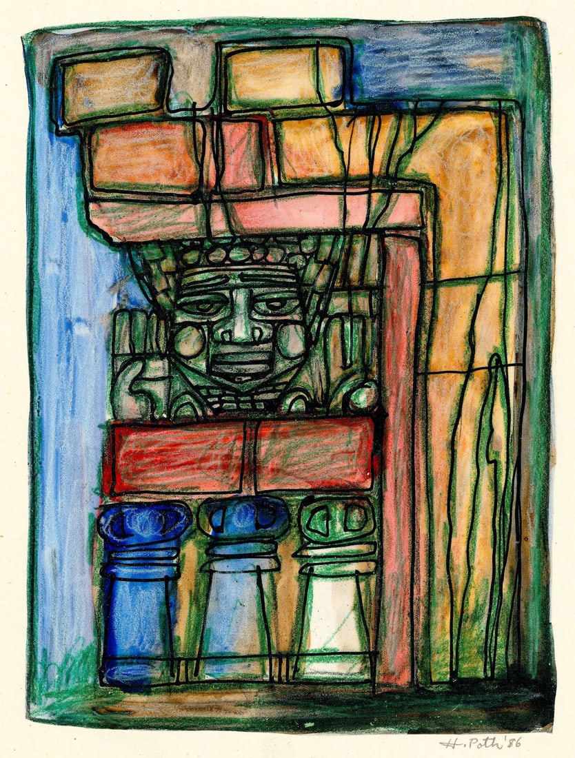 Hal Poth (MO,1924-2017) mixed media painting: ARTIST: Harold Ernst Poth (Missouri, 1924 - 2017) TITLE: Illustration YEAR: 1986 MEDIUM: mixed media on board CONDITION: Minor damages to corners. <