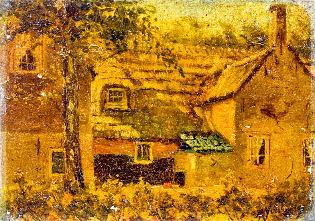 Antique early 20C American oil painting signed: ARTIST: - (American, early 20 century) NAME: Country Scene MEDIUM: oil on canvas. Canvas applied to board. CONDITION: Minor craquelure. No visible inpaint under UV light. SIGHT SIZE: 6 x