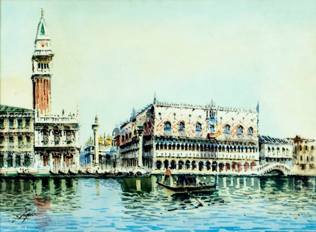 Antique early 20C Italian watercolor painting signed: ARTIST: - (Italy, early 20 century) TITLE: Venice Cityscape, Italy MEDIUM: watercolor on paper CONDITION: Some age toning. Framed under glass. Wear to frame. AR