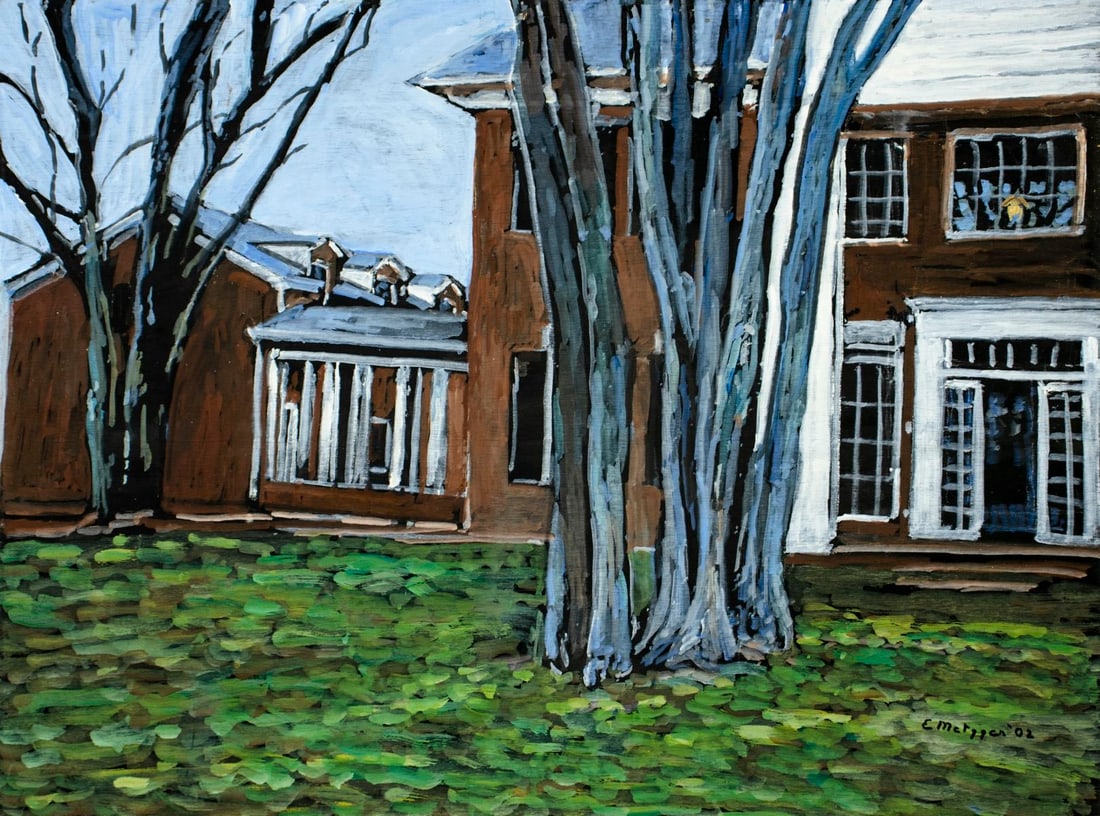 Evelyn Metzger (NY,Brazil,1911-2007) oil painting: ARTIST: Evelyn Borchard Metzger (New York, Brazilian, 1911 - 2007) TITLE: Town Scene YEAR: 2002 MEDIUM: oil on board CONDITION: Few minor paint losses