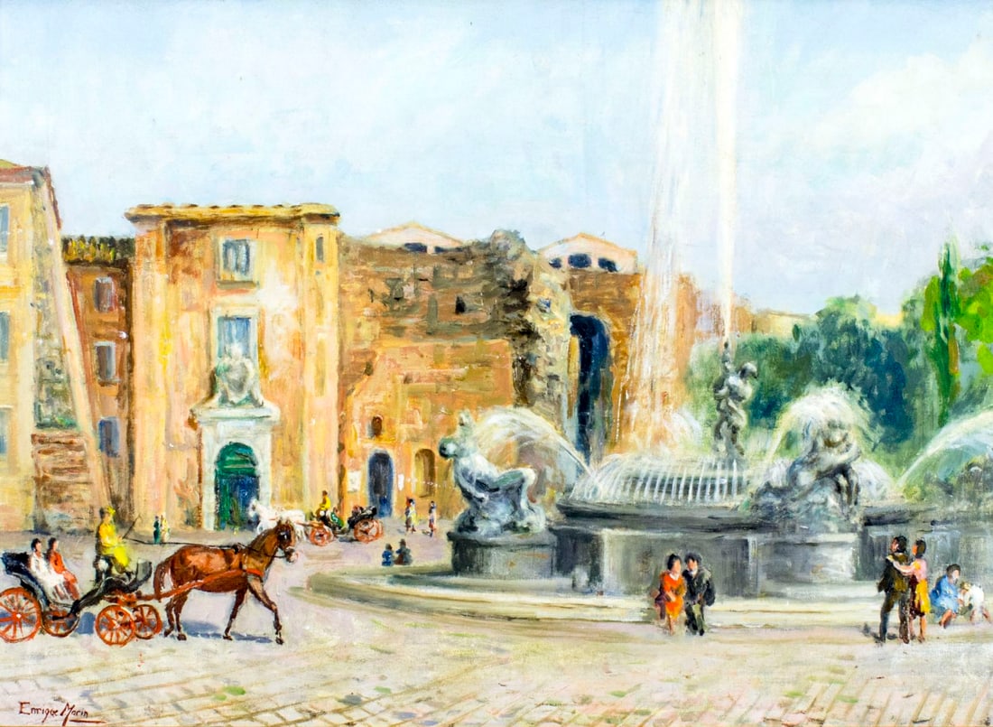 Enrique Marin (Spain,1876-1975) oil painting: ARTIST: Enrique Marin Higuero (Spanish, 1876 - 1975) NAME: Spanish Fountain Square MEDIUM: oil on canvas. Canvas applied to board. CONDITION: Missing a few flakes of paint. Very minor craqu