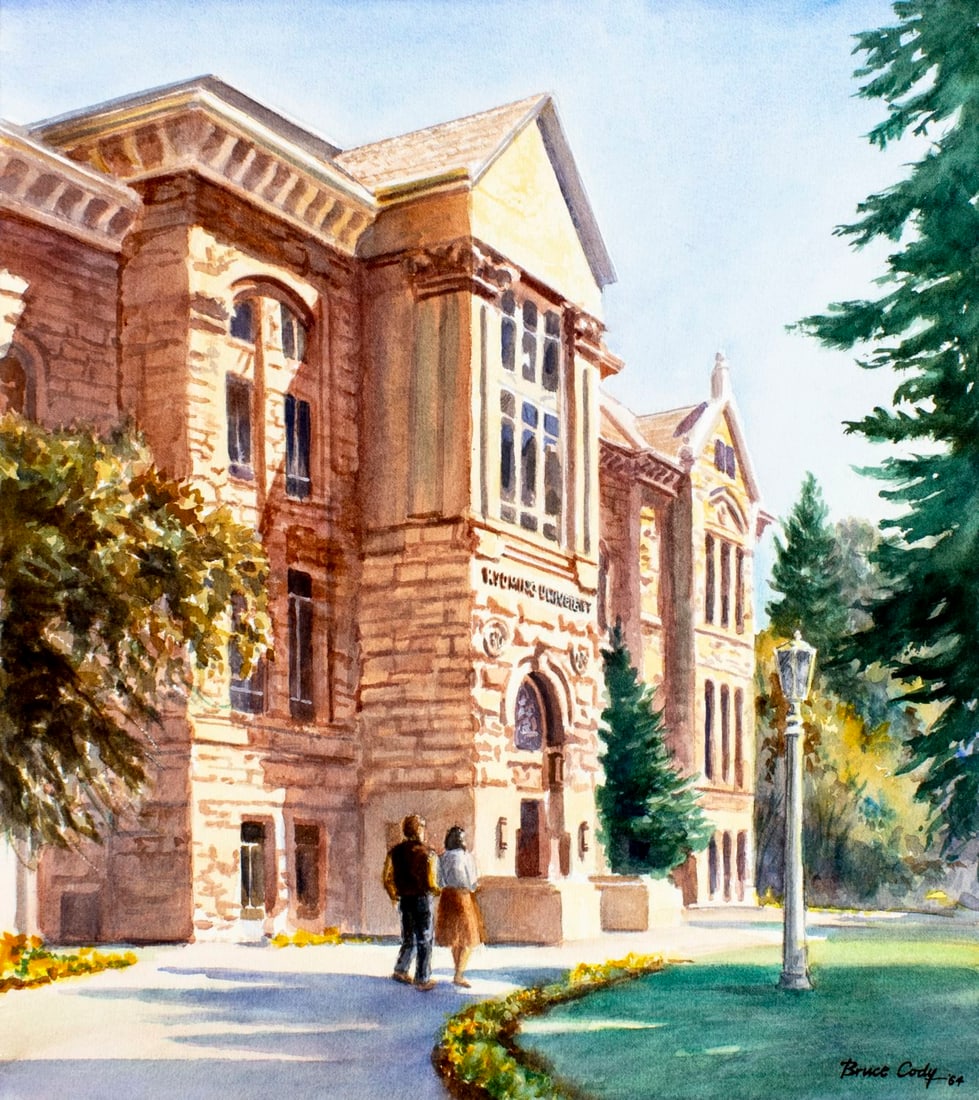 Bruce Cody (NM,20C) watercolor painting: ARTIST: Bruce Cody (New Mexico, 20 century) TITLE: Old Main (titled on verso) YEAR: 1988 MEDIUM: watercolor on heavy paper CONDITION: Very good.