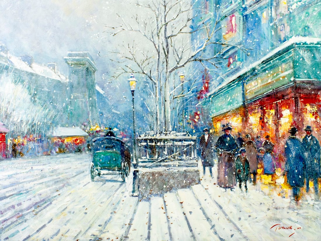 M Patrick (Europe,20C) oil painting: ARTIST: M Patrick (European, 20 century) TITLE: Evening Paris Cityscape, France MEDIUM: oil on canvas CONDITION: Unstretched (In-House stretching available) (In-House stretc