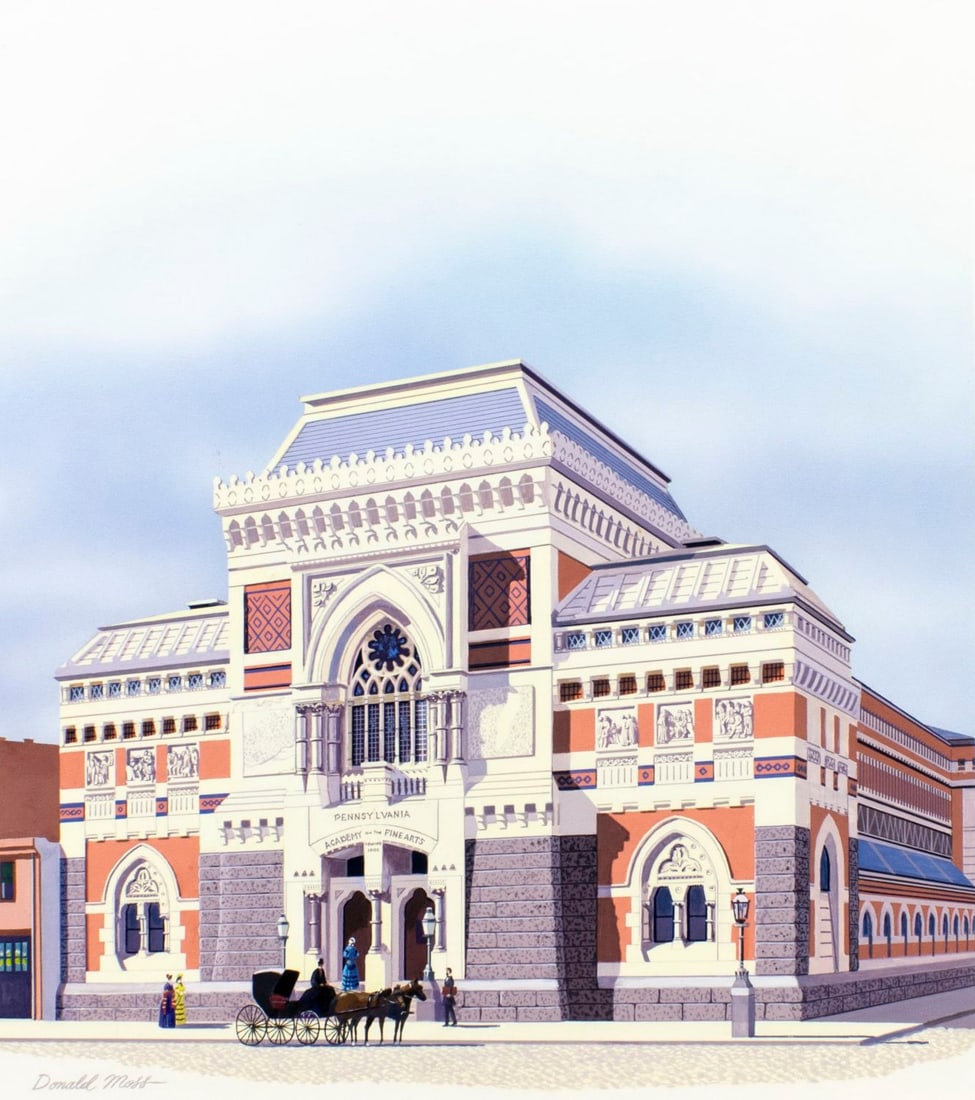 Donald Moss (CT,MA,1920-2010) gouache painting: ARTIST: Donald Moss (Connecticut, Massachusetts, 1920 - 2010) TITLE: Pennsylvania Academy of the Fine Arts (titled on verso) YEAR: 1980 MEDIUM: gouache on board