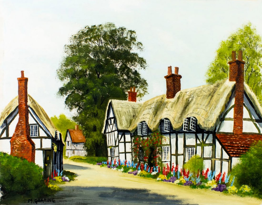 Malcolm Gearing (UK,1947-?) oil painting: ARTIST: Malcolm Gearing (United Kingdom, 1947 - ???) TITLE: Village Landscape MEDIUM: oil on canvas CONDITION: Unstretched (In-House stretching available) (In-House stretc