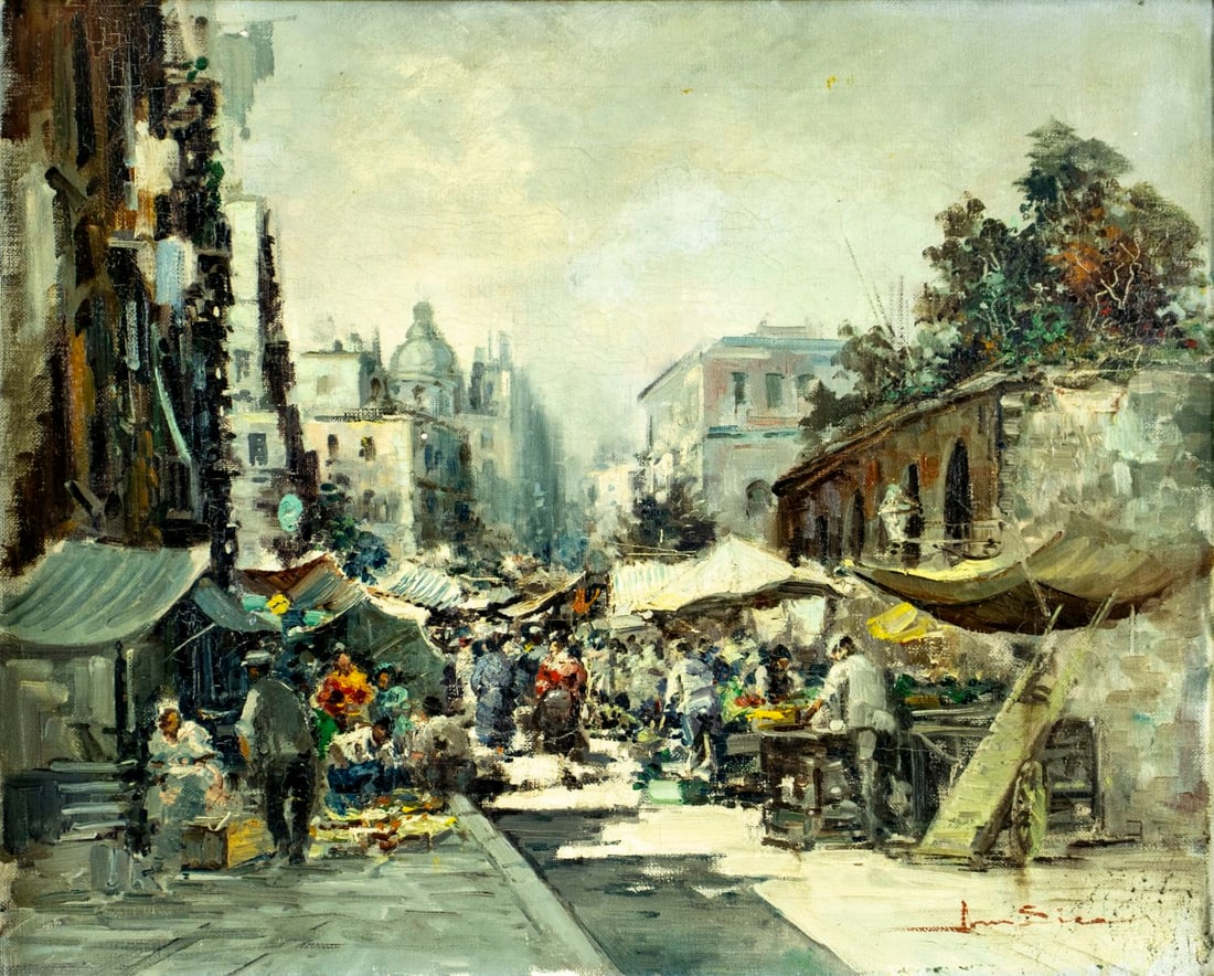 Amedeo Sica (Italy,mid 20C) oil painting: ARTIST: Amedeo Sica (Italian, mid 20 century) TITLE: Market Scene MEDIUM: oil on canvas CONDITION: Few nail holes along edges. Some staining. Some craquelure. No visible inp
