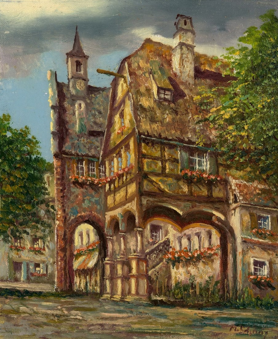 M Schony (German,1913-?) oil painting: ARTIST: M Schony (Germany, 1913 - ???) TITLE: Town Hall in Lahr, Germany MEDIUM: oil on canvas CONDITION: Unstretched (In-House stretching available) (In-House stretching