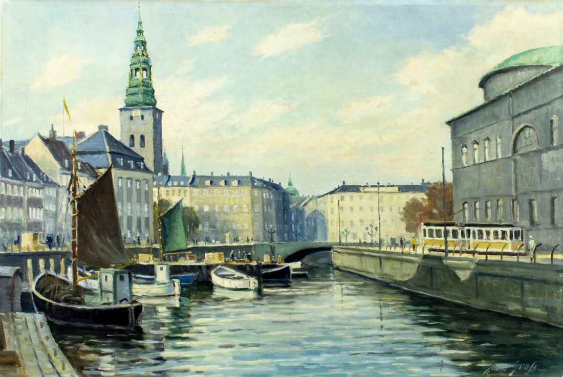Einar Gross (Danish,1895-1962) oil painting: ARTIST: Einar Gross (Denmark, 1895 - 1962) TITLE: Copenhagen Canal Cityscape, Denmark MEDIUM: oil on canvas CONDITION: Overall good. No visible inpaint under UV light. Nor