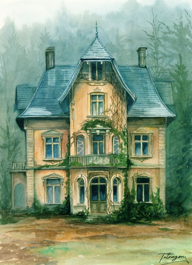 Anna Tetragon (Ukraine,20/21C) watercolor painting: ARTIST: Anna Tetragon (Ukrainian, 20/21 centuries) TITLE: Old Mansion MEDIUM: watercolor on heavy paper CONDITION: Very good. ART SIZE: 16 x 12 inches /