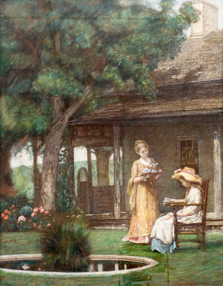 Josephine Wood Colby (NJ,1862-1930) pastel painting antique: ARTIST: Josephine Wood Colby (New Jersey, 1862 - 1930) NAME: Tea Time MEDIUM: pastel on paper CONDITION: Very good. Framed under glass. Minor damages to frame. SIGHT SIZE: 18 x 14 1/2 inc