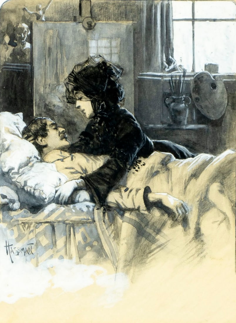 Hassman (US,early 20C) watercolor painting antique: ARTIST: Hassman (American, early 20 century) TITLE: Woman Mourning over Man MEDIUM: watercolor on paper CONDITION: Some age toning. Framed under glass. Wear to frame.