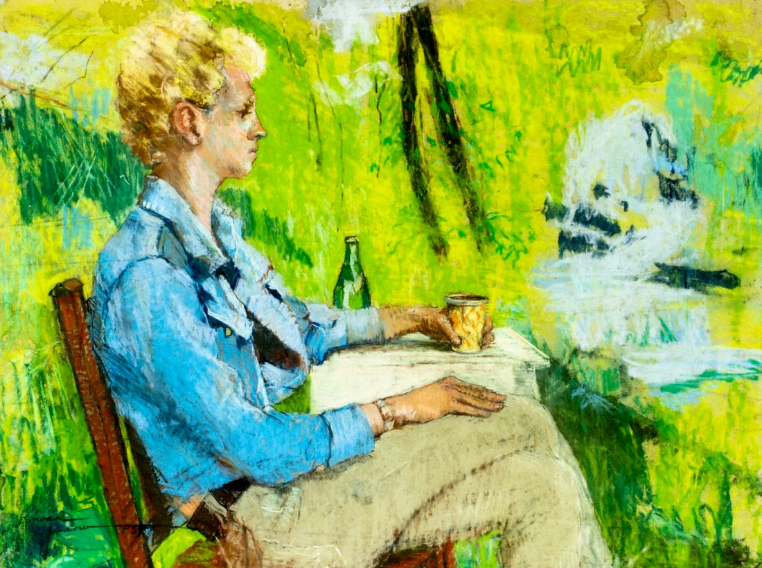 Rhoda Yanow (NJ,20C) pastel painting: ARTIST: Rhoda Yanow (New Jersey, 20 century) TITLE: Seated Man MEDIUM: pastel on board CONDITION: Some damages to the lower right corner. Some scratches/paint losses.