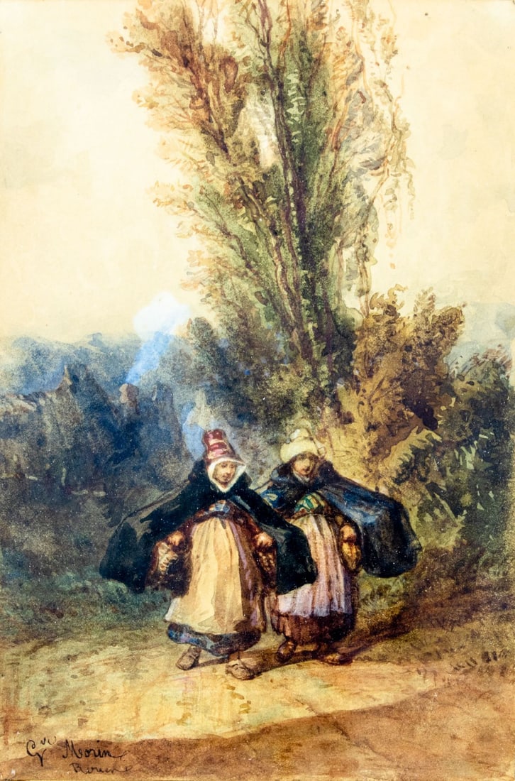 Gustave Morin (France,1809-1886) watercolor painting antique: ARTIST: Gustave Francois Morin (French, 1809 - 1886) TITLE: On the Road to Rouen MEDIUM: watercolor on paper CONDITION: Some age toning. Framed under glass. AR