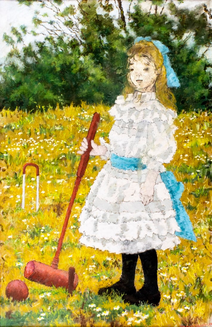 Suzanne Eisendieck (Germany,Poland,1908-1998) pastel painting: ARTIST: Suzanne Eisendieck (German, Polish, 1908 - 1998) TITLE: Girl Playing Croquet MEDIUM: pastel on canvas CONDITION: Minor paint losses. Minor damages to frame.