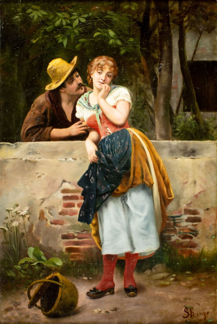 S Kunze (German,19C) oil painting antique: ARTIST: S Kunze (Germany, 19 century) TITLE: Courting Couple MEDIUM: oil on canvas CONDITION: Few patches. Minor paint losses. Some craquelure. Some scattered inpaintings.