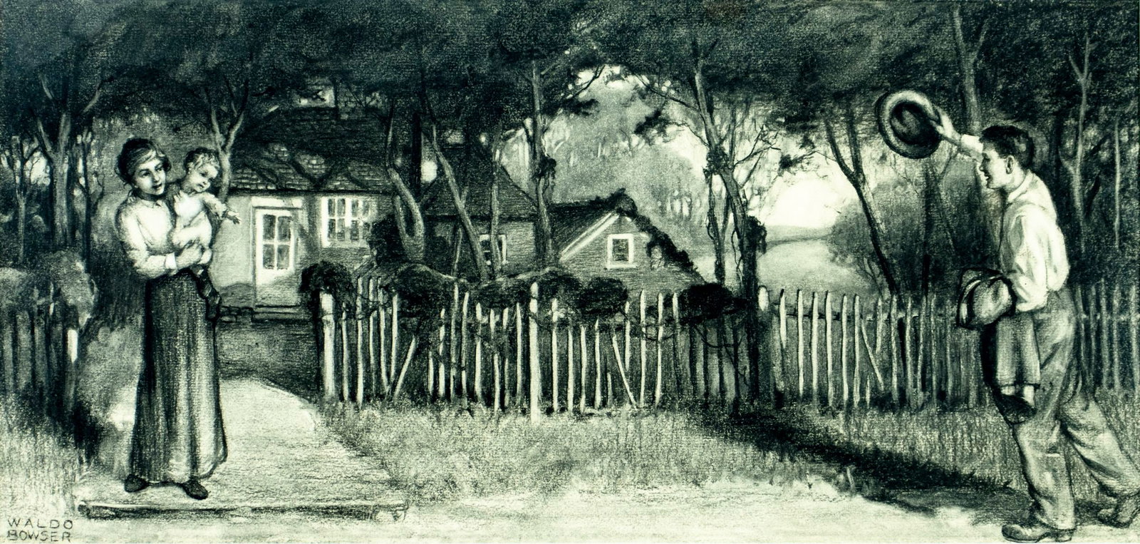 Waldo Bowser (NY,1872-1965) chalk painting: ARTIST: Waldo Bowser (New York, 1872 - 1965) TITLE: Farewell MEDIUM: chalk on paper CONDITION: Some age toning. Framed under glass. Wear to frame. ART SIZE: