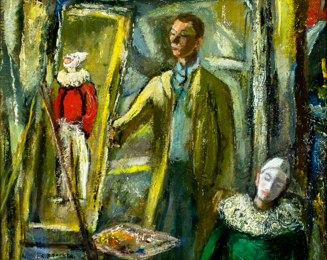 Samuel Brecher (NY,1897-1982) oil painting: ARTIST: Samuel Brecher (New York, 1897 - 1982) TITLE: Joe (titled on label) MEDIUM: oil on board CONDITION: Some scratches/paint losses mostly along the lower edge. No vis