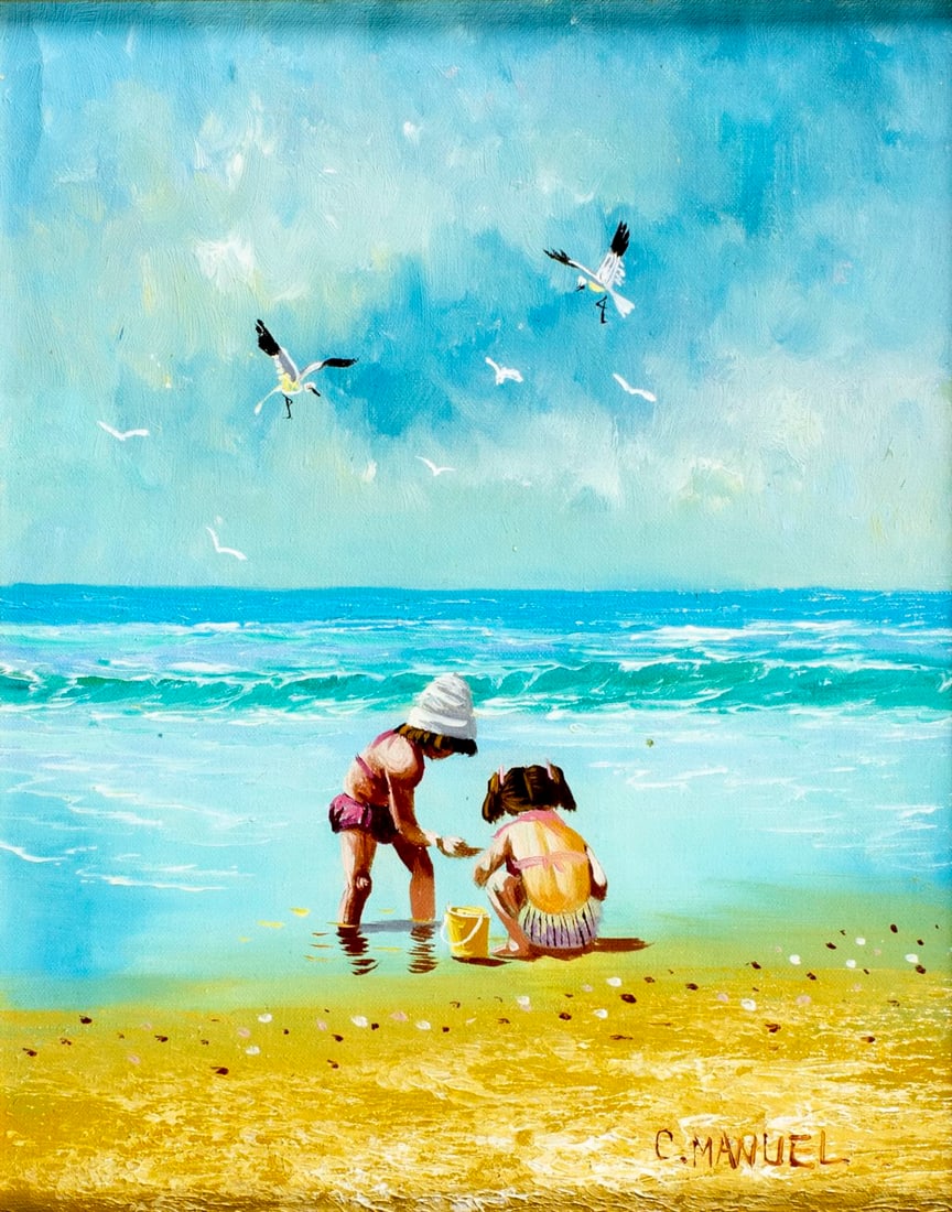 C Manuel (20C) oil painting: ARTIST: C Manuel (20 century) TITLE: Beach Scene MEDIUM: oil on canvas. Canvas applied to board. CONDITION: Few minor paint losses. Very minor craquelure. No visible inpaint