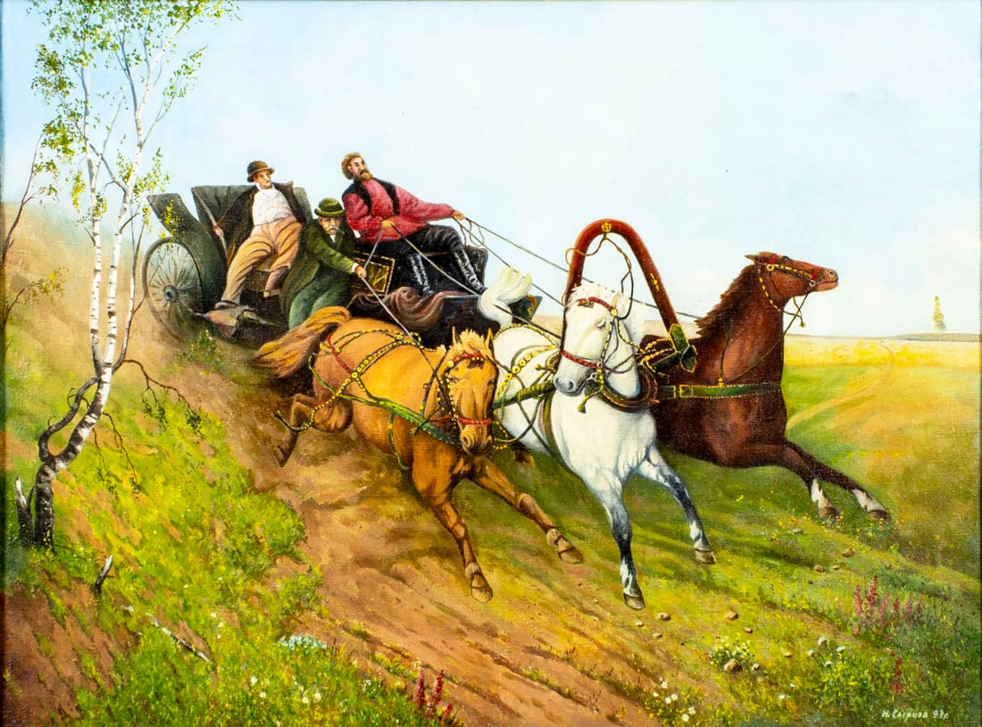 N Syrzov (Russia,20C) oil painting: ARTIST: N Syrzov (Russian, 20 century) TITLE: Three Men in Horse Carriage YEAR: 1994 MEDIUM: oil on canvas CONDITION: Some small paint losses. Some craqu