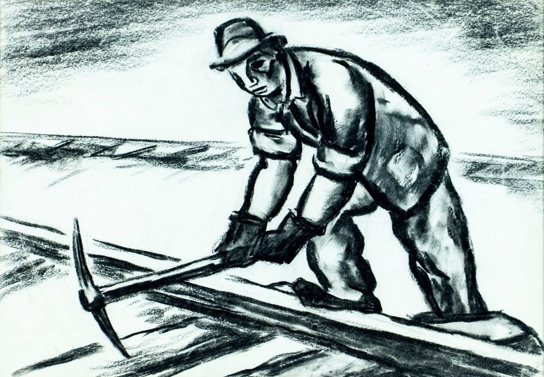Vintage 20C American ink painting: ARTIST: - (American, 20 century) TITLE: Railroad Worker MEDIUM: ink on paper CONDITION: Minor age toning. Framed under glass. Minor damages to frame. ART SIZE:<