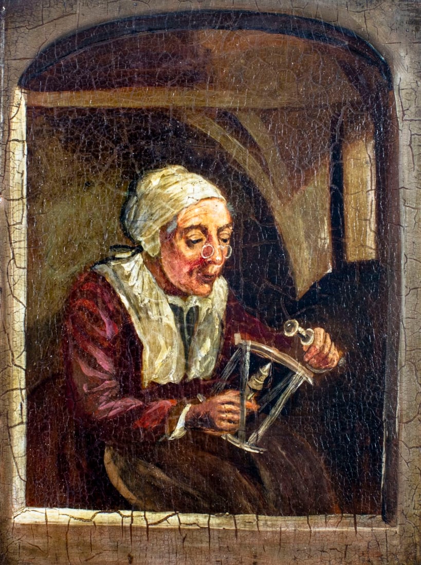 Antique 19C European oil painting: ARTIST: - (Europe, 19 century) TITLE: Old Woman Lighting Lamp MEDIUM: oil on board CONDITION: Two nail holes along edges. Some craquelure. One small inpainting. Some damag