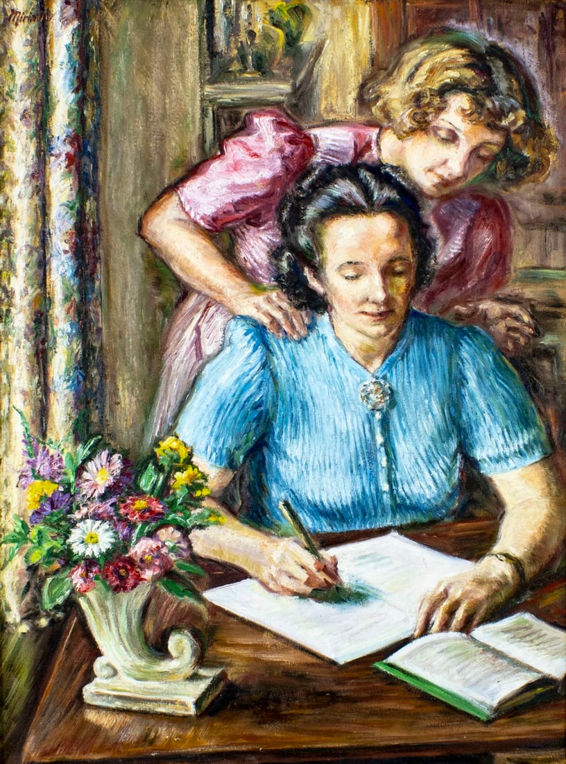 Miriam (US,mid 20C) oil painting: ARTIST: Miriam (American, mid 20 century) TITLE: Mother and Daughter MEDIUM: oil on canvas CONDITION: One small patch. Small paint losses mostly by the lower edge. Some craq