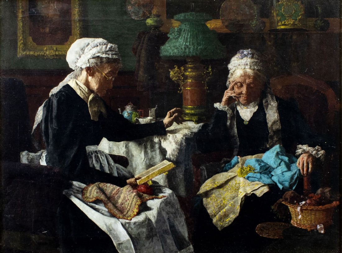 Louis Moeller (NY,1855-1930) oil painting antique: ARTIST: Louis Henry Charles Moeller (New York, 1855 - 1930) TITLE: Conversation MEDIUM: oil on canvas CONDITION: Few minor scratches/paint losses. Some craquelure. Some s