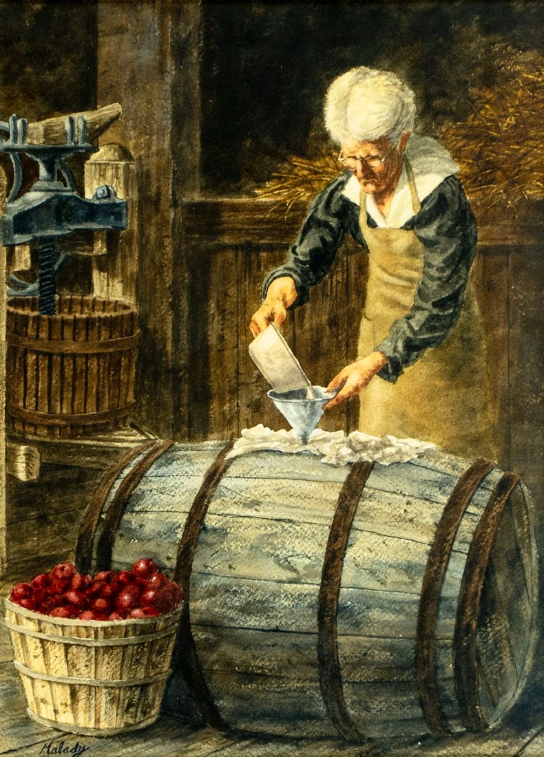 James Malady (Irish,20/21C) watercolor painting: ARTIST: James Malady (Ireland, 20/21 centuries) TITLE: Old Woman Making Apple Cider MEDIUM: watercolor on paper CONDITION: Minor age toning. Framed under glass. Wear to fram