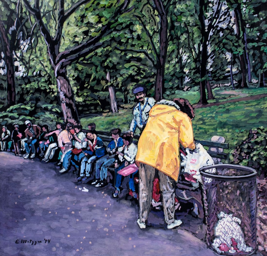 Evelyn Metzger (NY,Brazil,1911-2007) oil painting: ARTIST: Evelyn Borchard Metzger (New York, Brazilian, 1911 - 2007) TITLE: Central Park, NY YEAR: 1994 MEDIUM: oil on board CONDITION: Few minor scratches