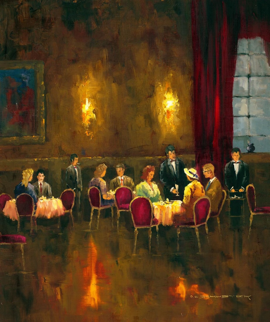 Otto Schuster (German,1924-?) oil painting: ARTIST: Otto C Schuster (Germany, 1924 - ???) TITLE: Restaurant Scene MEDIUM: oil on canvas CONDITION: Unstretched (In-House stretching available). Few minor scratches/pai