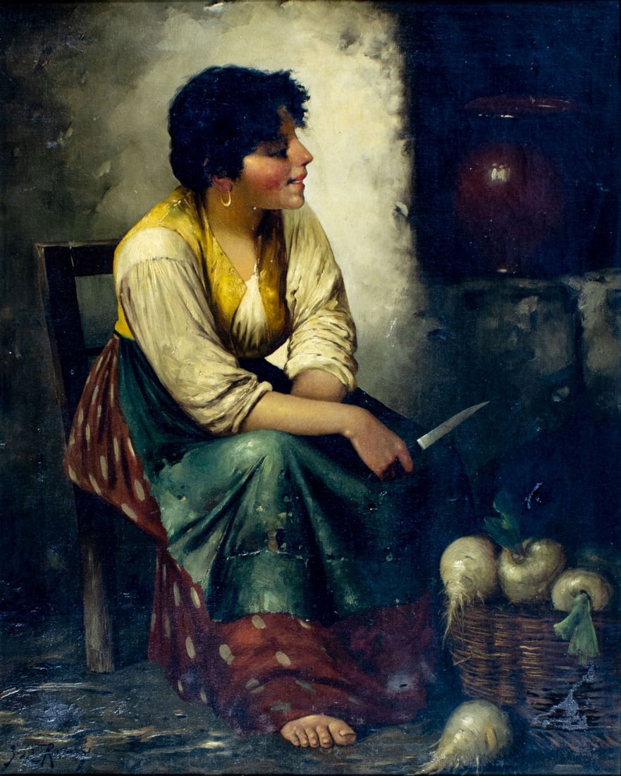 J L Ronay (France,19C) oil painting antique: ARTIST: J L Ronay (French, 19 century) TITLE: Peasant Girl Peellling Turnips MEDIUM: oil on canvas. Canvas applied to board. CONDITION: Few small scratches/paint losses. So