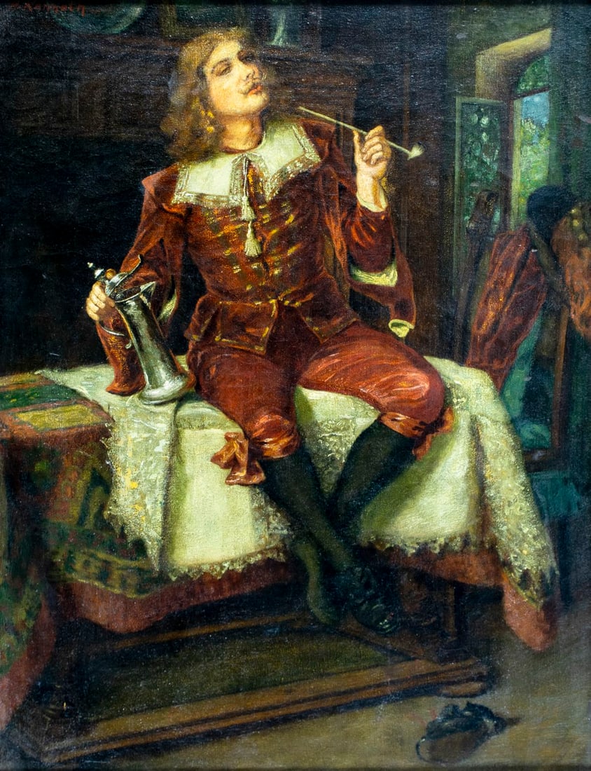 Kenneth (US,19C) oil painting antique: ARTIST: Kenneth (American, 19 century) TITLE: Cavalier Smoking Pipe MEDIUM: oil on canvas CONDITION: One patch. Few minor paint losses. Some craquelure. Some scattered minor