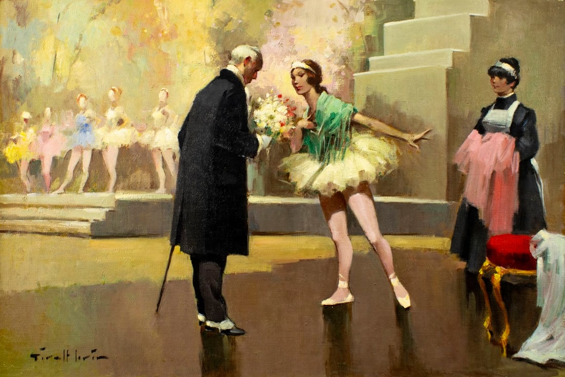 Joan Giralt Lerin (Spain,1907-?) oil painting: ARTIST: Joan Giralt Lerin (Spanish, 1907 - ???) TITLE: Flowers for Ballerina MEDIUM: oil on canvas CONDITION: Unstretched (In-House stretching available) (In-House stretch