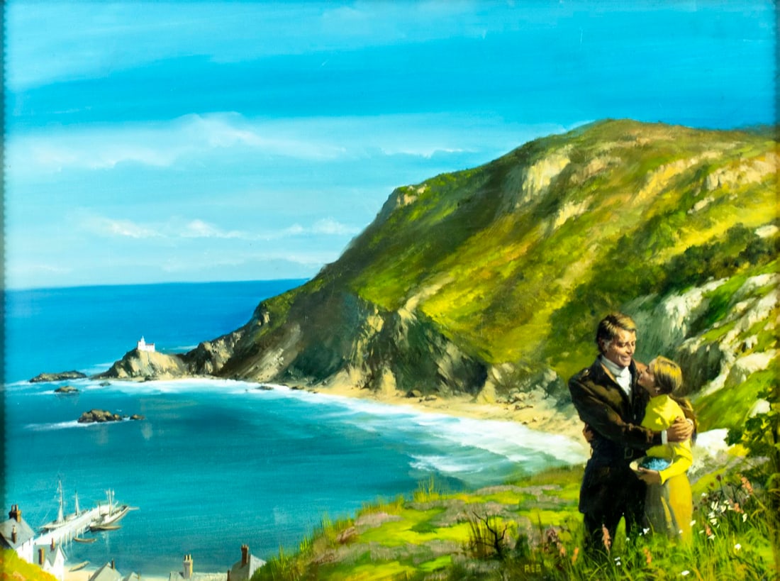 Vintage 20C American oil painting: ARTIST: - (American, 20 century) TITLE: Coastal Landscape with Couple MEDIUM: oil on board CONDITION: Some scratches/paint losses. No visible inpaint under UV light. Minor