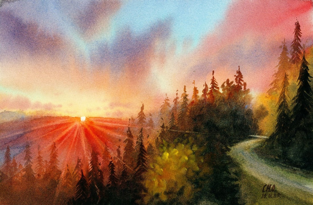 Oksana Chernachuk (Ukraine,b 1989) watercolor painting: ARTIST: Oksana Chernachuk (Ukrainian, born 1989) TITLE: Sunset Landscape MEDIUM: watercolor on heavy paper CONDITION: Very good. ART SIZE: 8 x 12 inches