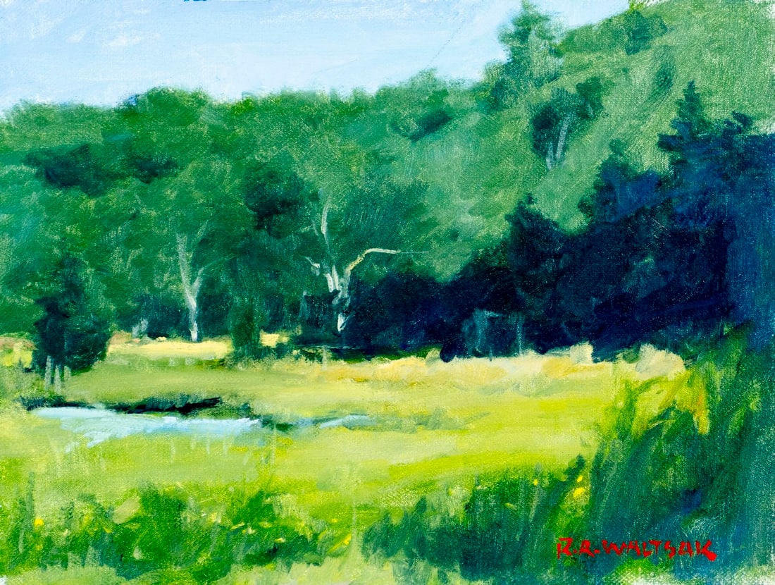 Robert Waltsak (NJ,b 1944) oil painting: ARTIST: Robert Alan Waltsak (New Jersey, born 1944) TITLE: Forest Lake Landscape MEDIUM: oil on canvas CONDITION: Overall good. No visible inpaint under UV light. Normal wea