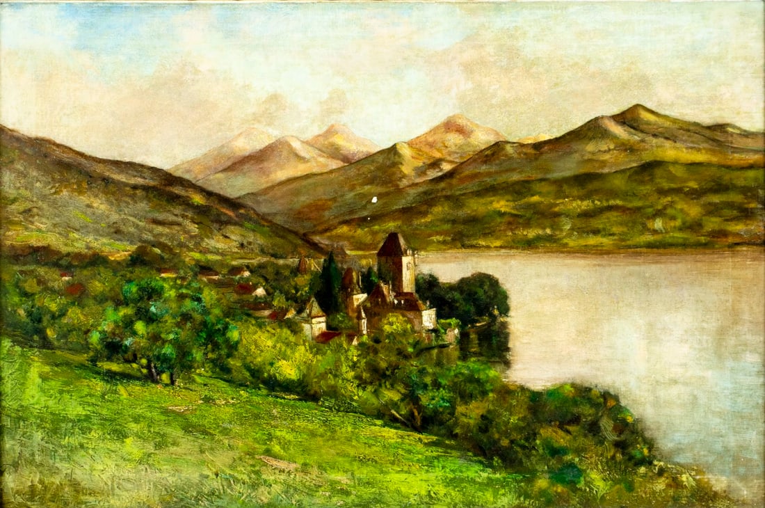 George Henry Smillie (NY,CA,1840-1921) oil painting antique: ARTIST: George Henry Millie (New York, California, 1840 - 1921) TITLE: Chateau Chillon, Leman Lake, Switzerland MEDIUM: oil on canvas CONDITION: Relined. Some paint losses
