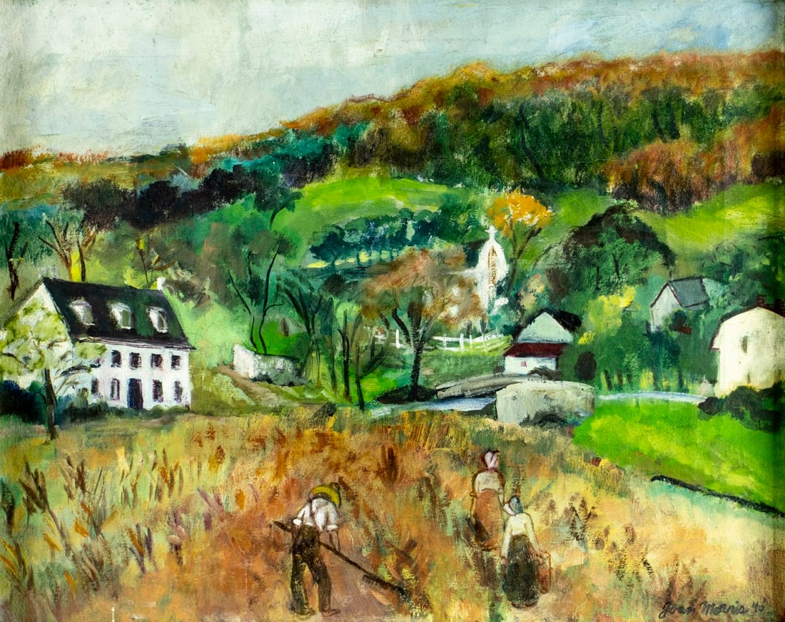 Joan Morris (US,mid 20C) oil painting antique: ARTIST: Joan Morris (American, mid 20 century) TITLE: Autumn Village Landscape YEAR: 1940 MEDIUM: oil on canvas CONDITION: Few small scratches/paint loss