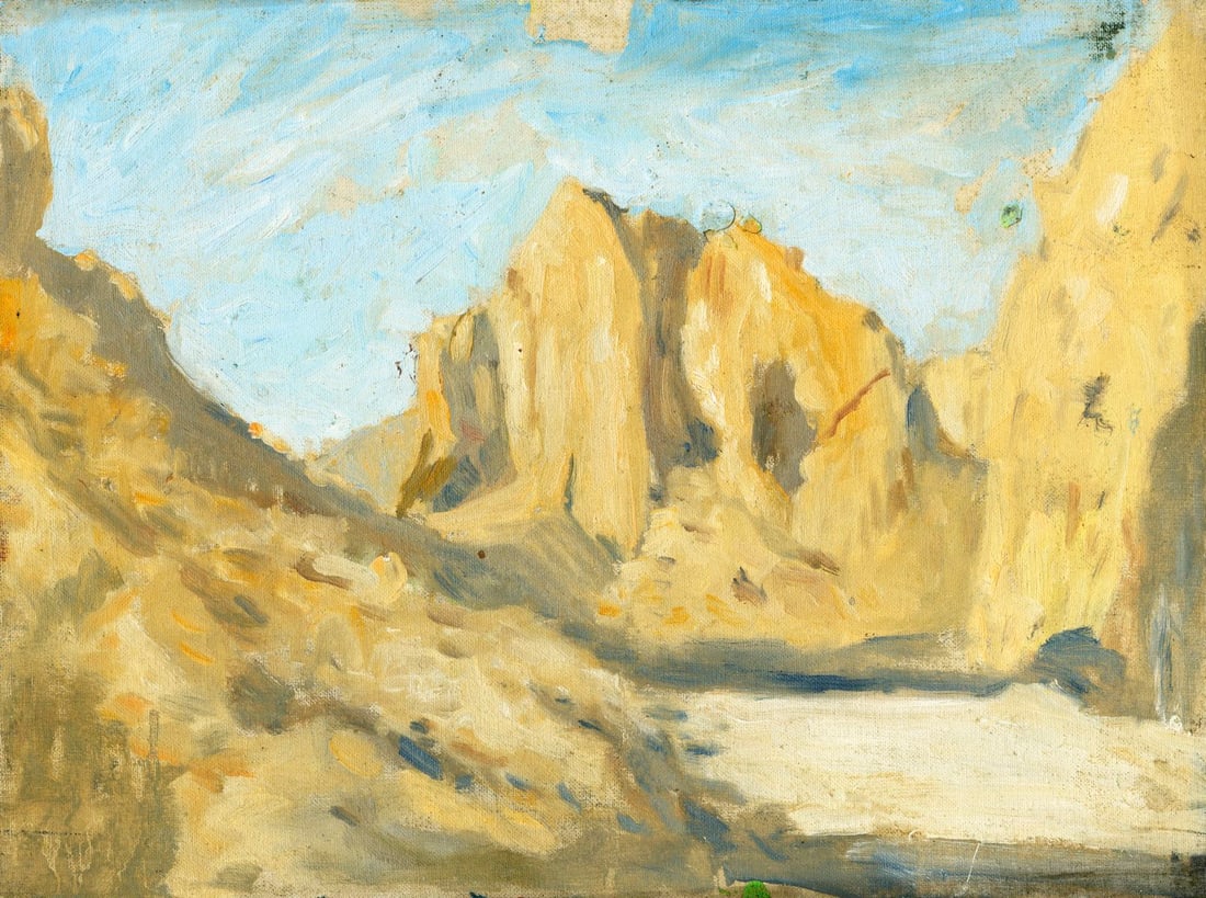 Helen DuMond (NY,CA,OR,1872-1968) oil painting: ARTIST: Helen Savier DuMond (New York, California, Oregon, 1872 - 1968) TITLE: Mountain Landscape MEDIUM: oil on canvas board CONDITION: Few small scratches/paint losses.