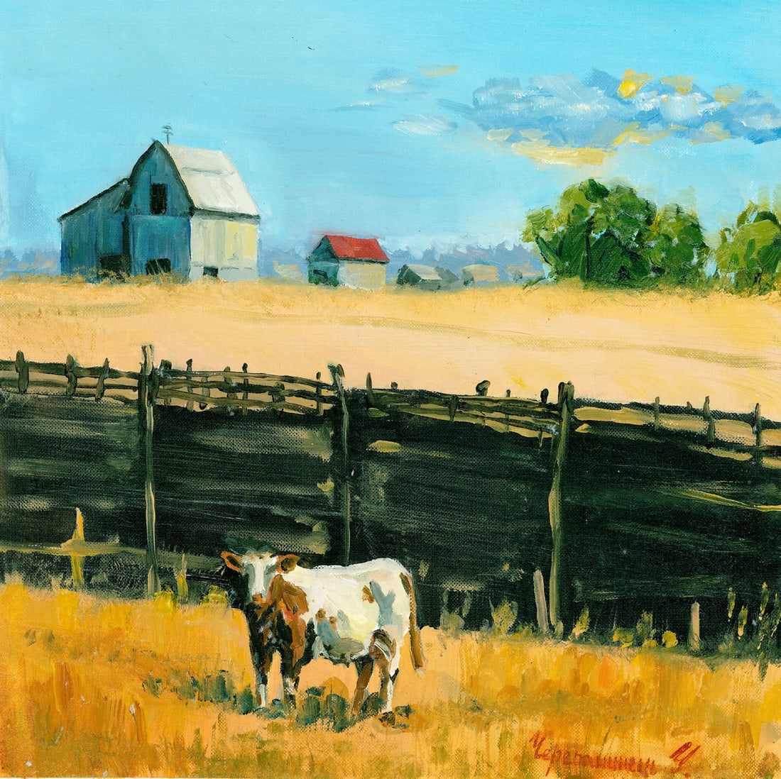 Ulyana Cherepaninets (Ukraine,20/21C) oil painting: ARTIST: Ulyana Cherepaninets (Ukrainian, 20/21 centuries) TITLE: Country Landscape with Cow MEDIUM: oil on heavy paper CONDITION: Few minor paint losses. No visible inpaint