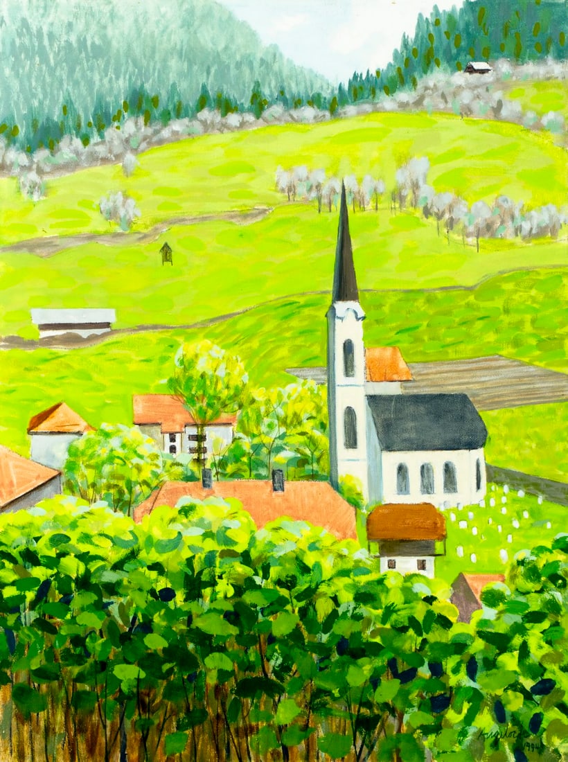 Robert Angeloch (NY,1922-2011) oil painting: ARTIST: Robert Henry Angeloch (New York, 1922 - 2011) TITLE: Tyrol Village Landscape, Austria (titled on stretcher) YEAR: 1994 MEDIUM: oil on canvas CONDITION:<