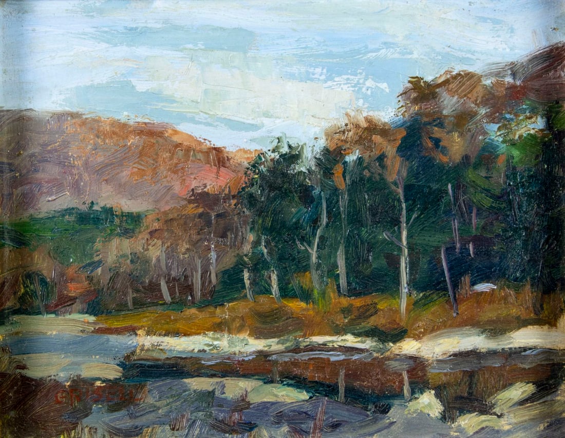 Susan Grisell (CT,b 1946) oil painting: ARTIST: Susan Grisell (Connecticut, born 1946) TITLE: River Landscape MEDIUM: oil on board CONDITION: Few minor paint losses. No visible inpaint under UV light. Wear to fram