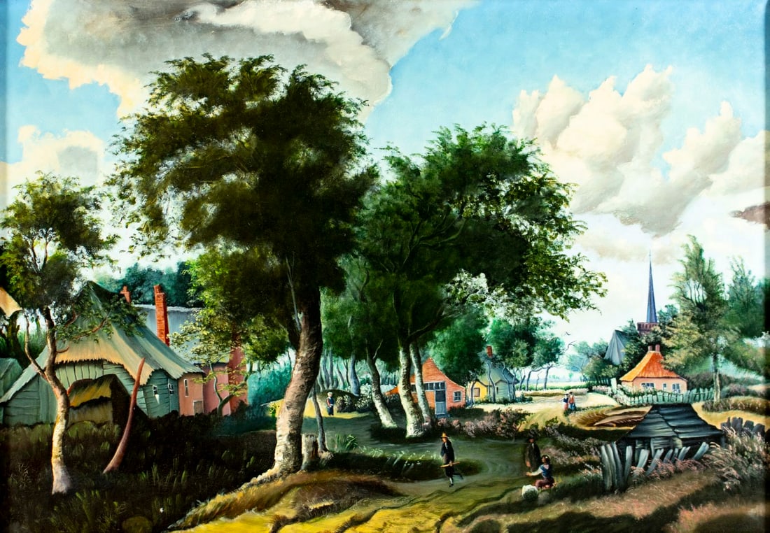 G H Gierke (US,20C) oil painting: ARTIST: G H Gierke (American, 20 century) AFTER Meindert Hobbema (Netherlands, 1638 - 1709) TITLE: Landscape - Entrance to a Village (titled on verso) YEAR: 1982 MEDIUM: o