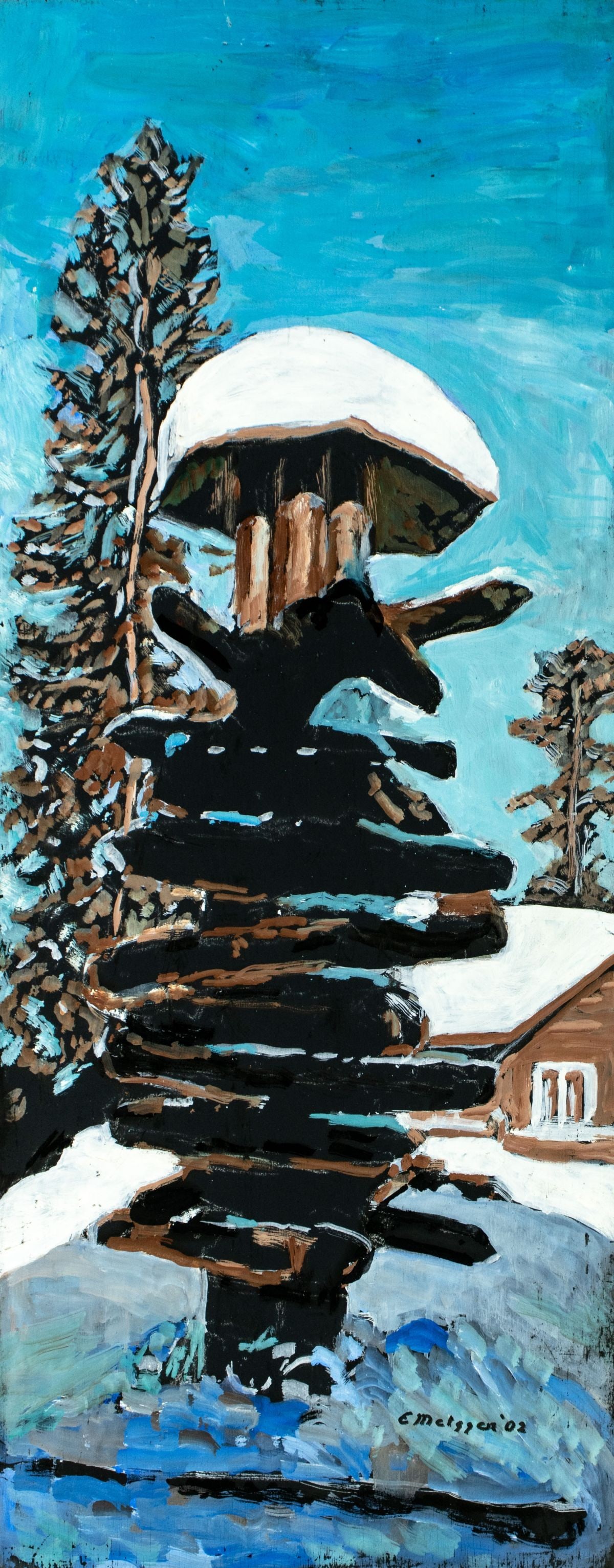 Evelyn Metzger (NY,Brazil,1911-2007) oil painting: ARTIST: Evelyn Borchard Metzger (New York, Brazilian, 1911 - 2007) TITLE: Winter Landscape YEAR: 2002 MEDIUM: oil on board CONDITION: Some scratches/pa