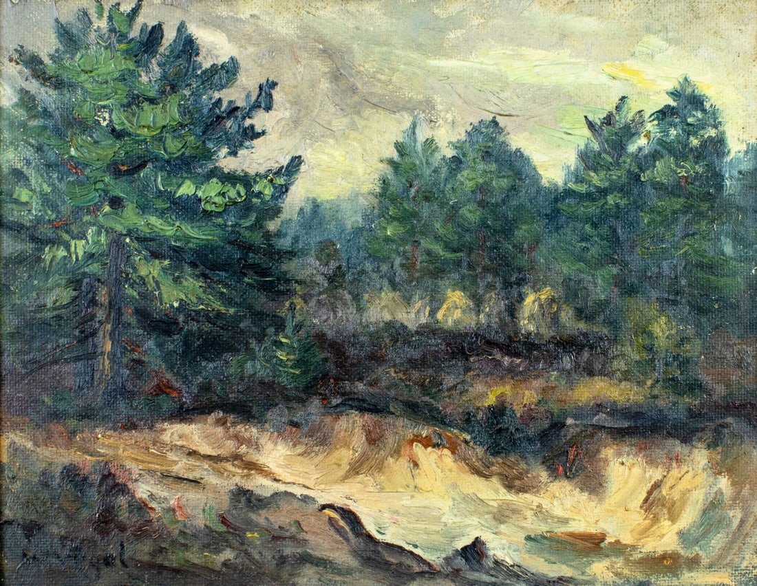 Werner Vogel (German,1889-1957) oil painting: ARTIST: Werner Vogel (Germany, 1889 - 1957) TITLE: Forest Landscape MEDIUM: oil on board CONDITION: Missing a few flakes of paint. Ver minor craquelure. No visible inpaint